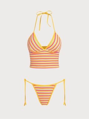Striped Yellow Halter Bikini Set